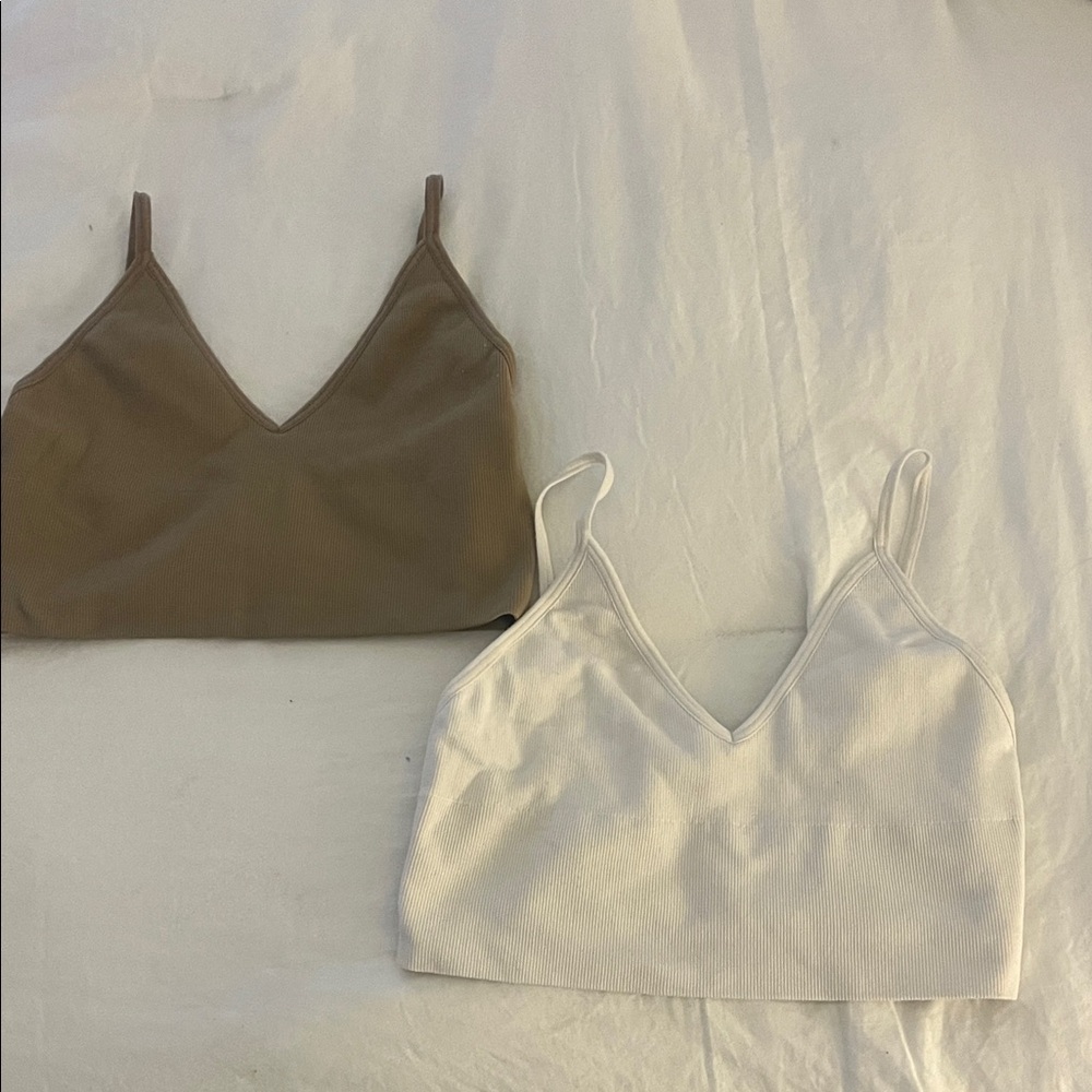 Brown and White V-Neck Bralette Set